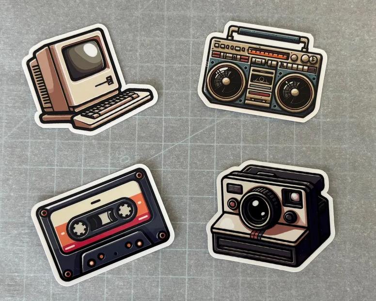 Pegatinas troqueladas retro equipo de musica cintas de casete camaras instantáneas y ordenadores.png