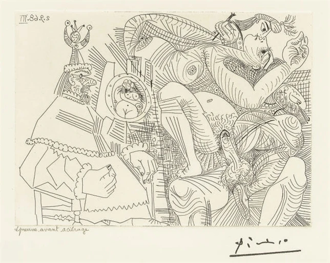 Picasso Raphaël et la Fornarina. XII Dans son fauteuil le Pape se sent cocu from La Serié 347.png